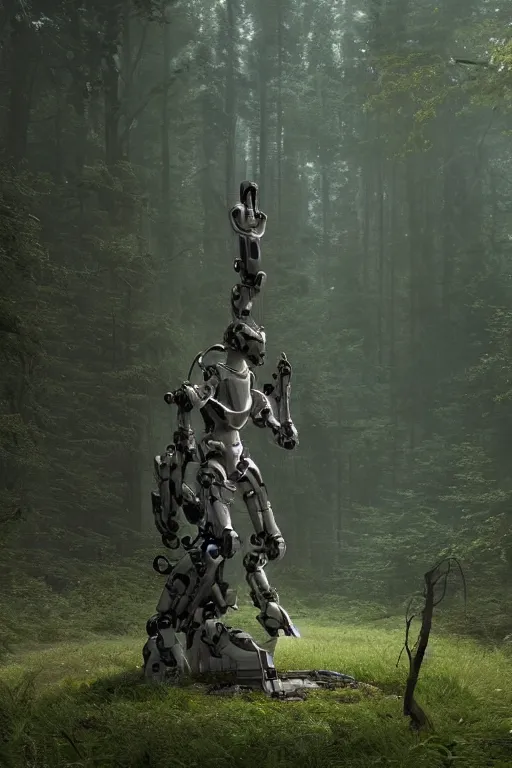 Prompt: A robot statue in the middle of a forest taken back by nature by Greg Rutkowski, Sung Choi, Mitchell Mohrhauser, Maciej Kuciara, Johnson Ting, Maxim Verehin, Peter Konig, final fantasy , 8k photorealistic, cinematic lighting, HD, high details, atmospheric,