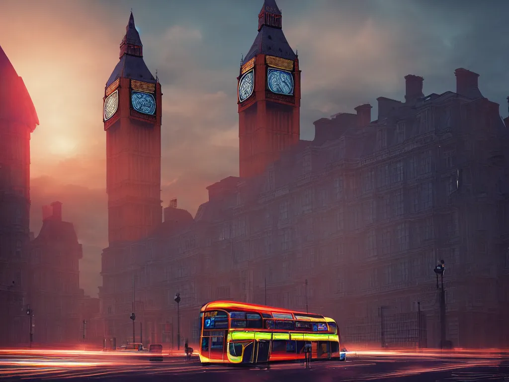 Image similar to an ancient beautiful cyborg with glowing eyes in the city of London, westminster in background, london bus, colourful, dramatic lighting, golden hour, very detailed octane render very realistic beautiful