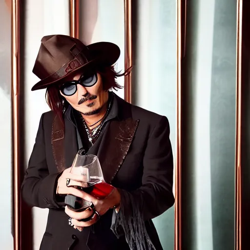 Image similar to Johnny Depp taking a sip from a megapint of red wine, photograph