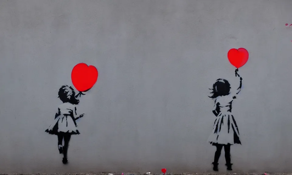 Prompt: photo of graffiti by banksy of a girl with a red balloon