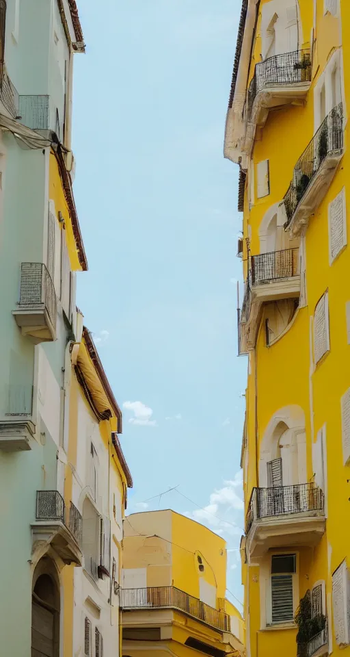 Image similar to pastel yellow italian architecture in front of a light blue clear sky, beautiful, minimalistic, aesthetic, realistic