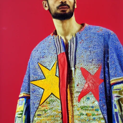 Prompt: 1 9 9 8 brazilian nordeste jacket designed by arthur bispo do rosario, jules bastien - lepage, tarsila do amaral, frank weston and gustave baumann, major arcana, clothing photography, f - 9 1 / 1 2 5, brutalism, sharp focus, colorful refracted sparkles, star lines, soft light, 8 k