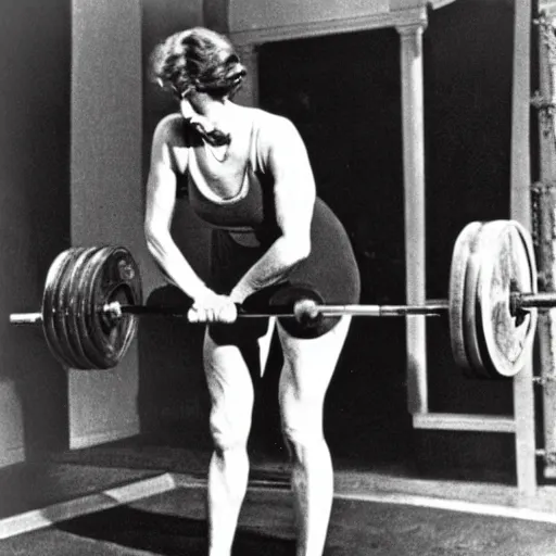 Image similar to Virginia Woolf deadlifting a heavy barbell