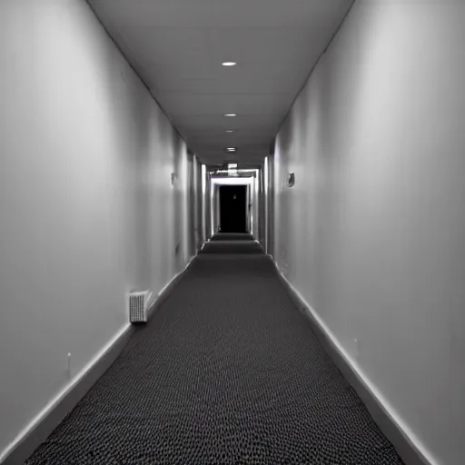 Prompt: a long creepy hallway