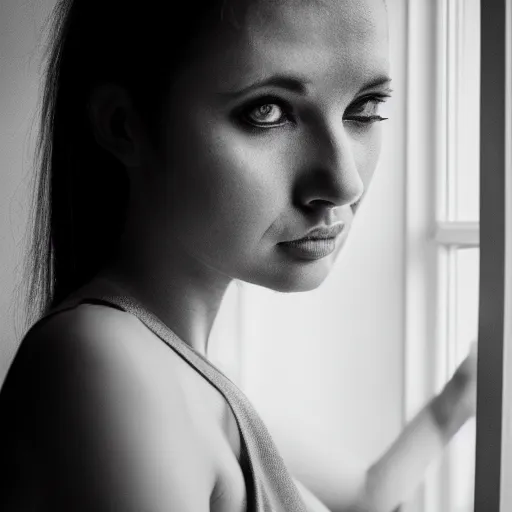 Image similar to black and white fashion photography of a beautiful depressed Woman with detailed face standing by the window, natural light, soft noise, sigma 85mm f/1.4 1/10 sec shutter