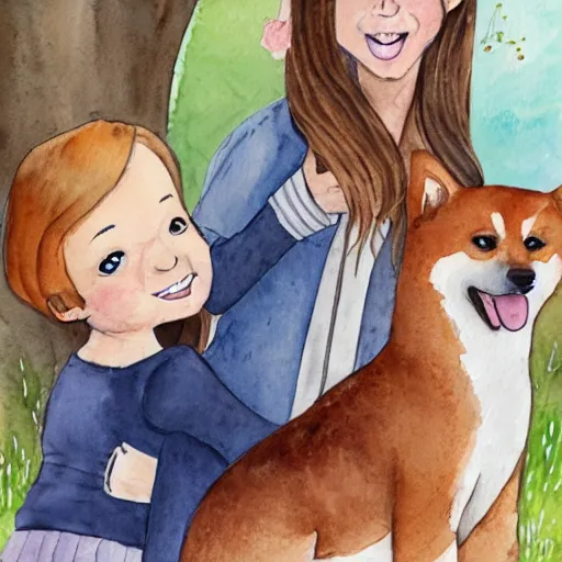 Prompt: a watercolor illustration of a girl with light brown hair, hazel eyes and freckles accompanied by a shiba inu and a cat