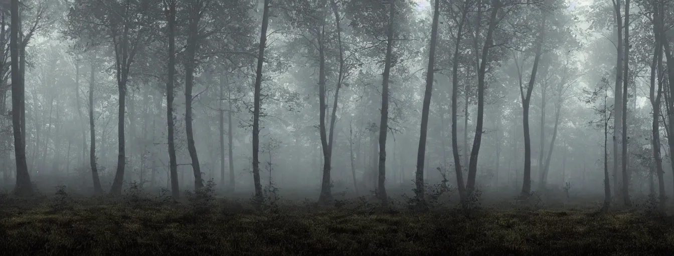 Image similar to creepy rusty bots searching for remaining humans in dark foggy old forest in the night with, postapo style, heavy rain, reflections, high detail, dramatic moment, motion blur, dense ground fog, dark atmosphere, saturated colors, by darek zabrocki, render in unreal engine - h 7 0 4