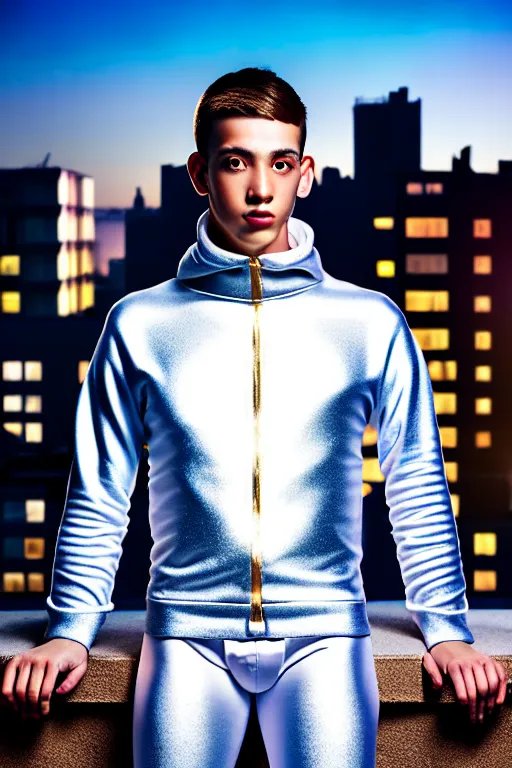 Image similar to un ultra high definition studio quality photographic art portrait of a young man standing on the rooftop of a british apartment building wearing soft padded silver pearlescent clothing. three point light. extremely detailed. golden ratio, ray tracing, volumetric light, shallow depth of field. set dressed.