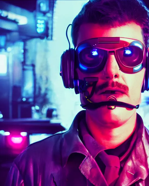 Prompt: photo of lieutenant columbo as a cyborg, advanced technology, cyberpunk background, neon lights, scifi, moody, atmosphere, professionally color graded, sharp focus, 8 k high definition, insanely detailed, intricate