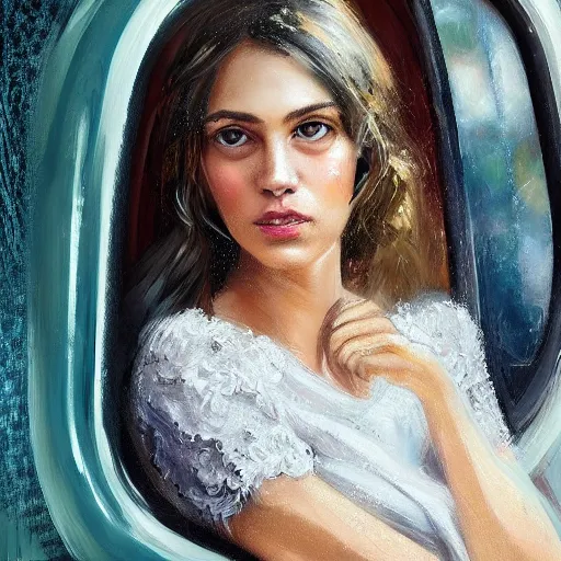 Prompt: anna carlos as a hot girl in a train, detailed lace dress, gorgeous face portrait, expressive oil painting, matte art, trending on artstation, rainy weather, train window