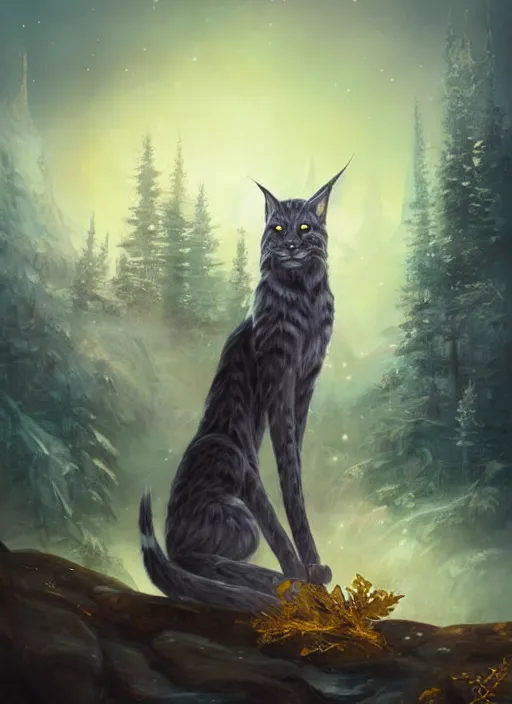 Image similar to fantasy art by charlie bowater and yoshitaka amano, lynx holding a golden intricately decorated shiny scepter, night, spruce trees on the sides, mountains in the background, eerie dark atmosphere, moonlit, back light