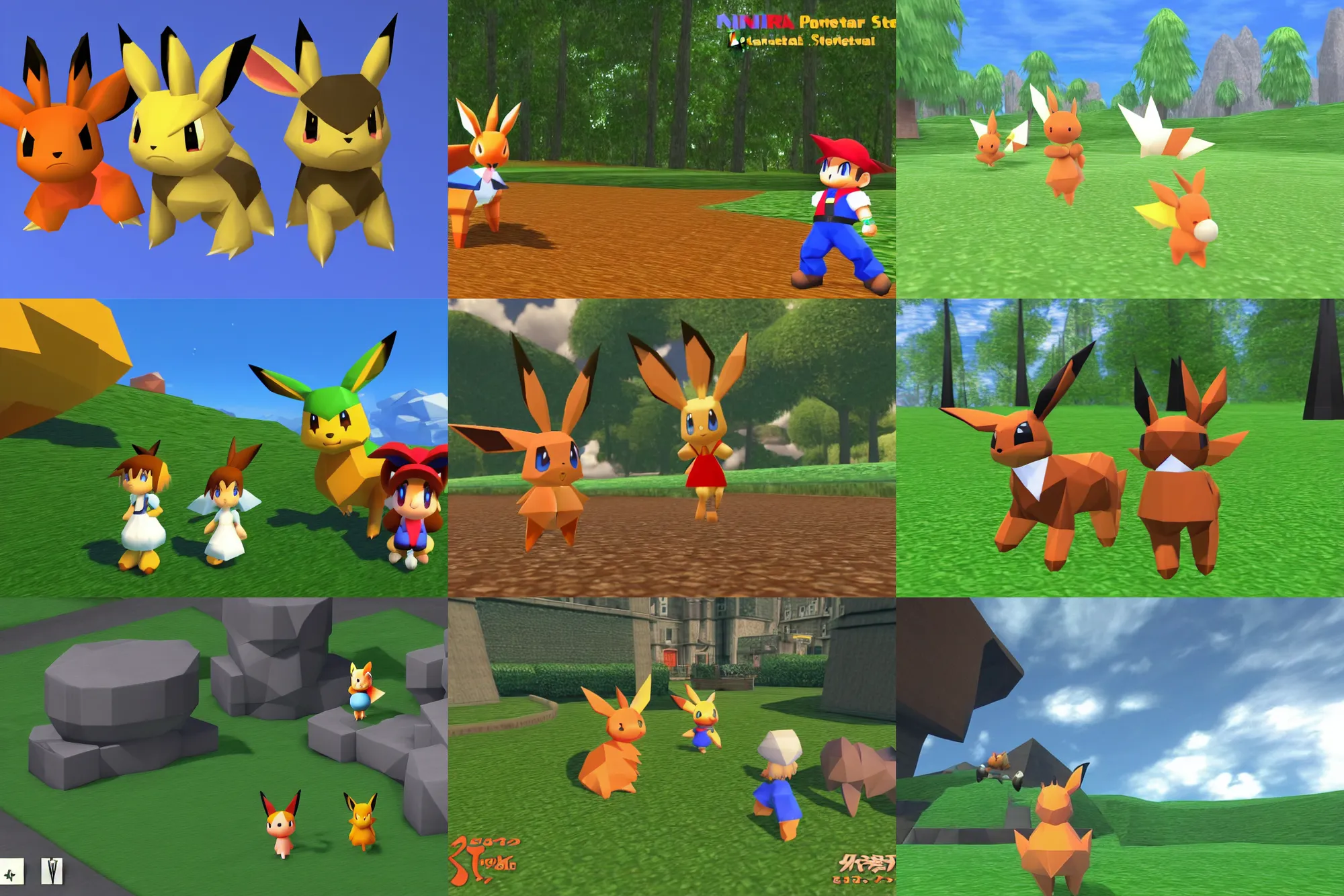 Prompt: (nintendo 64) ps1 sony playstation 1 resolution screenshot resident eevee sisters pokemon final fantasy low poly