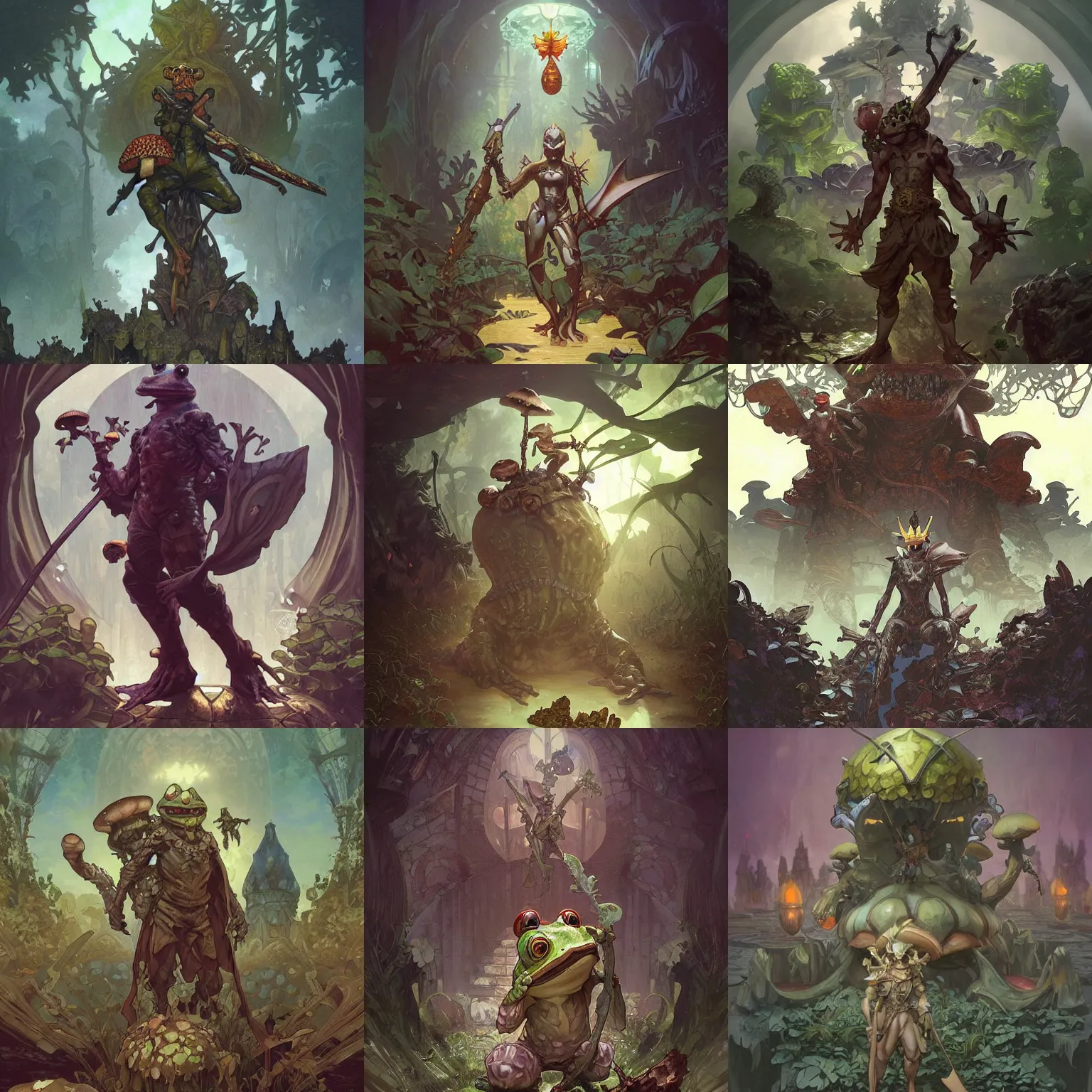 Prompt: frog knight posing with a mushroom tomb, art by Artgerm and Greg Rutkowski and Alphonse Mucha and Craig Mullins and James Jean and Andrei Riabovitchev and Marc Simonetti and peter mohrbacher, sharp focus, ominous, trending on artstation, Ultra detailed, hyper realistic