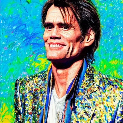 Prompt: jim carrey by leroy neiman, intricate, ultra detailed painting, atmospheric lighting, golden hour