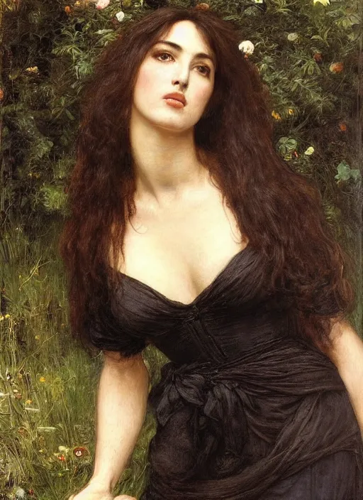 Image similar to a beautiful painting of monica bellucci by John Everett Millais and Dante Gabriel Rossetti and John Collier and john william waterhouse, pre-raphaelite, detailed, trending on artstation, hd, masterpiece