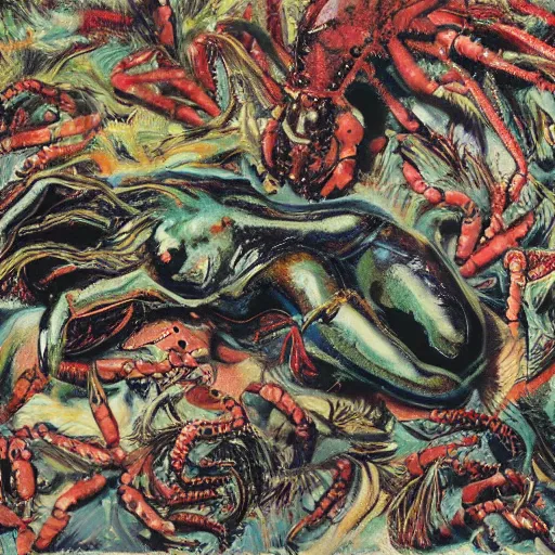 Image similar to Pasiphae by Jackson Pollock, meeting God, lobsters, coral, worms, larvae, Strawberry Jam by Animal Collective, realistic photograph of fruit