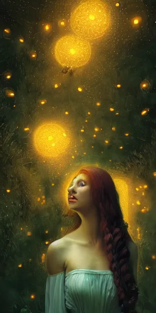 Image similar to young woman surrounded by golden firefly lights in a stunning scene, amidst nature fully covered by a intricate detailed dress, long red hair, precise linework, accurate green eyes, small nose with freckles, smooth oval shape face, empathic, bright smile, expressive emotions, hyper realistic ultrafine art by artemisia gentileschi, jessica rossier, boris vallejo