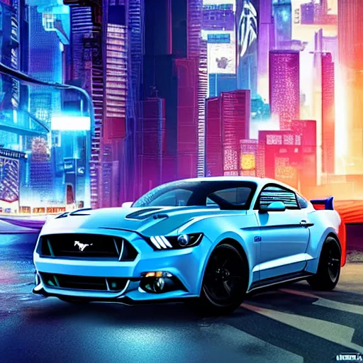 Image similar to ford mustang in cyberpunk city