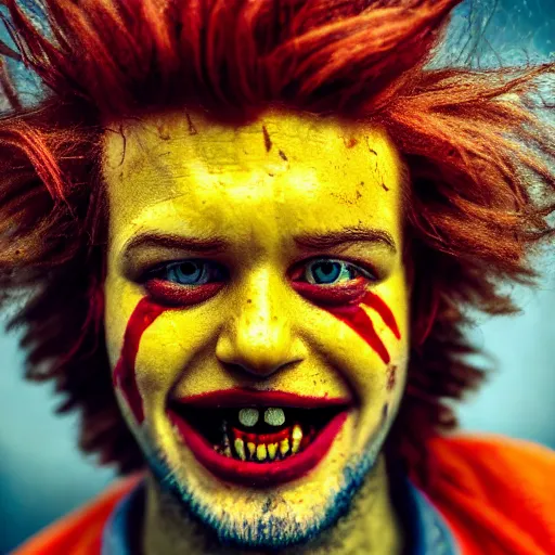 Image similar to film still photo portrait of a crazed homeless beaten up ronald mcdonald, realistic, hyperrealistic, 8 k resolution, hd quality, very detailed, highly detailed, intricate details, real life, real world, trending on artstation, digital art, really realistic, very realistic, headshot, head in frame, photograph, portrait