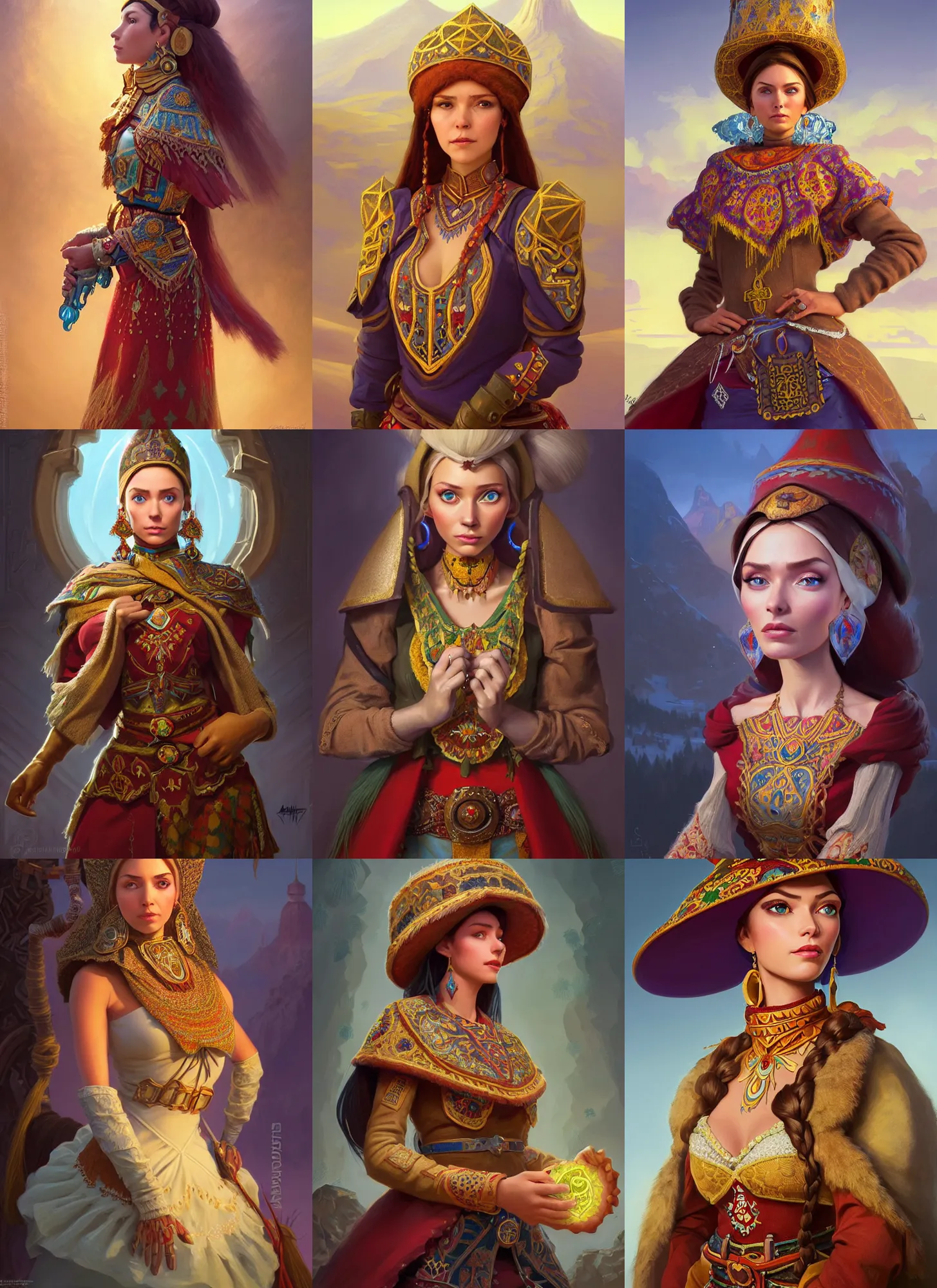 Image similar to portrait of russian mexican tatar woman jodhpurs hyperborea lemuria, pixar doll deep focus, d & d, fantasy, intricate, elegant, highly detailed, digital painting, artstation, concept art, matte, sharp focus, illustration, hearthstone, art by rhads by artgerm and greg rutkowski and alphonse mucha