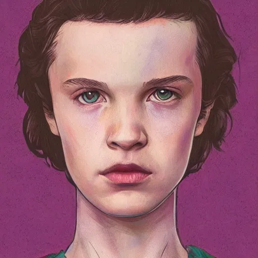 Image similar to beautiful side portrait of Eleven from Stranger things in a scenic!!! Environment!! by martine johanna, lines ,figurativism!, portrait,