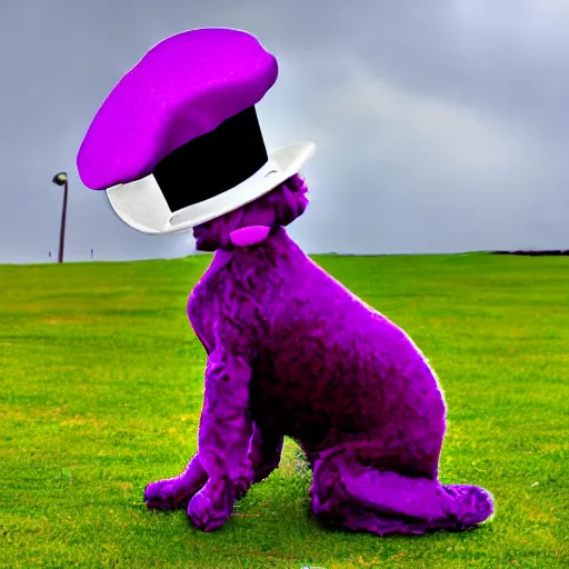 Image similar to a purple dog wearing a top hat