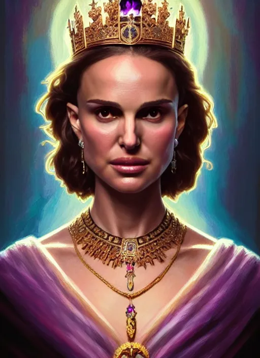 Image similar to portrait of natalie portman as a queen, throne, jewelry, greek, amethyst, intricate, headshot, highly detailed, digital painting, artstation, concept art, sharp focus, cinematic lighting, illustration, art by artgerm and greg rutkowski, alphonse mucha, cgsociety