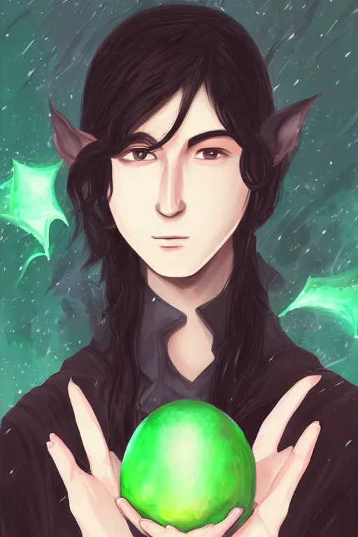 Prompt: portrait of elven teenage boy mage with long black hair holding dragon egg digital painting modern fantasy webtoon manhwa