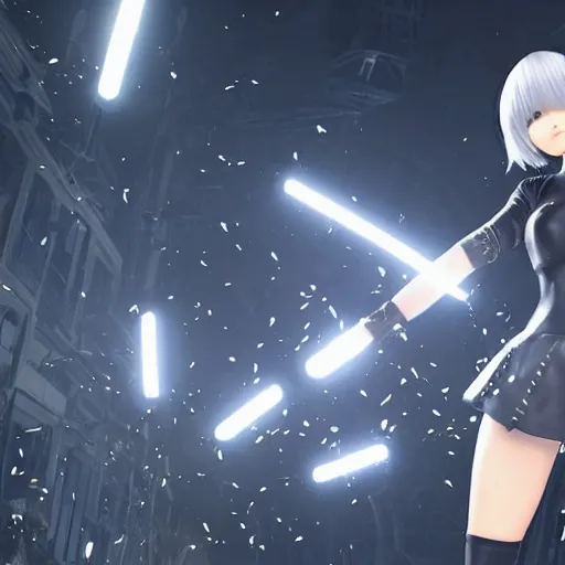 Image similar to 2B from Nier Automata fighting the aliens, highly detailed, realistic