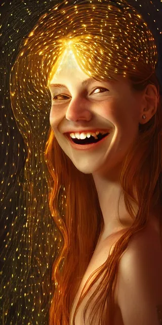 Image similar to a totally amazed smiling fit woman surrounded by golden firefly lights in a mesmerizing scene, sitting amidst nature fully covered! intricate detailed dress, long loose red hair, precise linework, accurate green eyes, small nose with freckles, beautiful smooth oval head, expressive emotions, hyper realistic ultrafine portrait by artemisia gentileschi, jessica rossier, boris vallejo