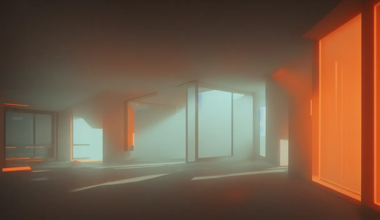 Prompt: an eco brutalist room with small windows, orange neon lights, dramatic lighting, hyper realistic, photography, 3 5 mm, kodak film, 8 k, octane render, unreal engine render, concept art, volumetric lighting, foggy