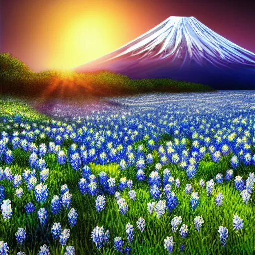 Image similar to a beautiful and detailed picture of mount fuji surrounded by a field of bluebonnets, in the style of magic the gathering, highly detailed, digital painting, god rays, volumetric lighting, octane render, 4 k resolution, art by adam paquette and johann bodin and jason rainville