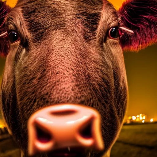 Prompt: ultra - realistic close - up of creepy cow at night, fish - eye - lense, disturbing horror photo