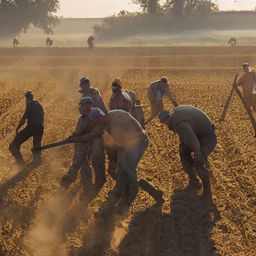 Image similar to photo of farmers fighting against military, award winning, golden hour