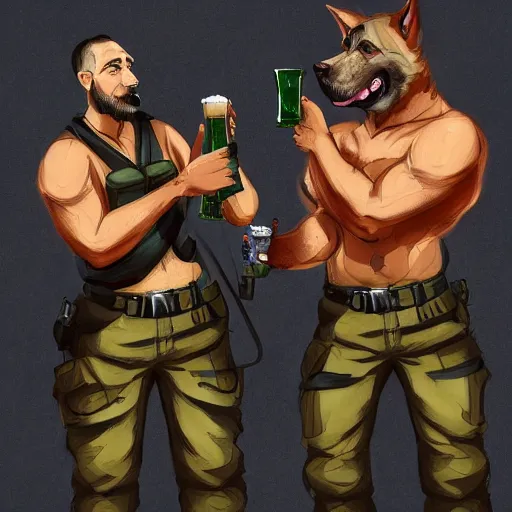 Image similar to two humanoid german shepherds beast - men in military style, they holding a beer, artstation, concept art, smooth, sharp foccus ilustration, artstation