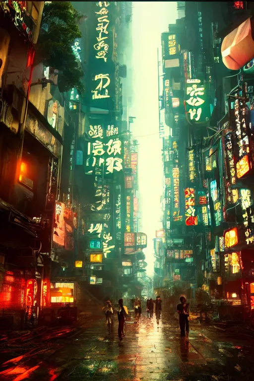 Image similar to cinematic photo of ancient overgrown cyberpunk tokyo with robot, night, rain, flowers, beautifully lit, hyperdetailed, unreal engine, photorealistic, denis villeneuve film look, blade runner set