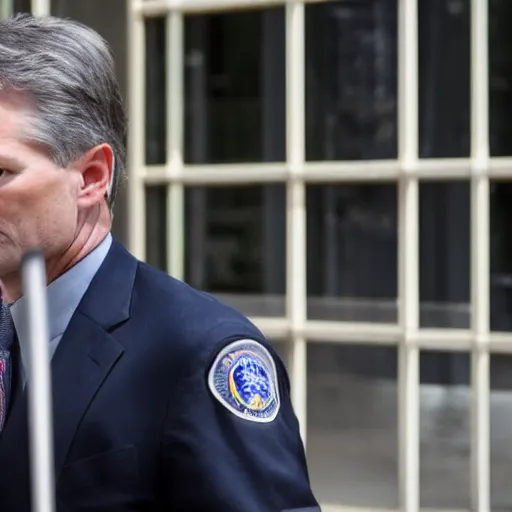 Image similar to fbi director Christopher wray getting arrested by police agents, photo 85mm, f/1.3