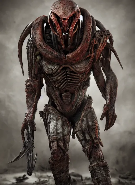 Prompt: a photorealistic dramatic hyperrealistic render of predator the alien hunter, ultra realistic details, well worn, rust, oil stains designed by vitaly bulgarov and mike nash, beautiful dramatic dark moody tones and lighting, cinematic atmosphere, studio lighting, global illumination, shadows, dark background, octane render, 8 k