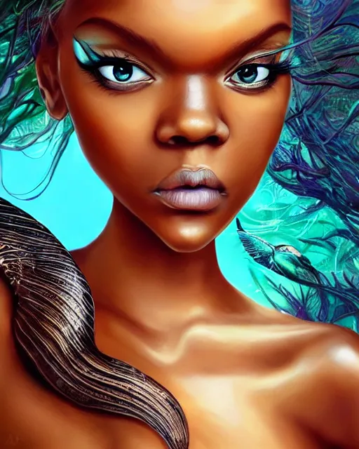Prompt: Candace Owens as a mermaid with a piercing gaze wearing a shell bikini in an underwater magical forest, highly detailed face, realistic face, beautiful detailed eyes, fantasy art, in the style of artgerm, illustration, epic, fantasy, intricate, hyper detailed, artstation, concept art, smooth, sharp focus, ray tracing, vibrant, photorealistic