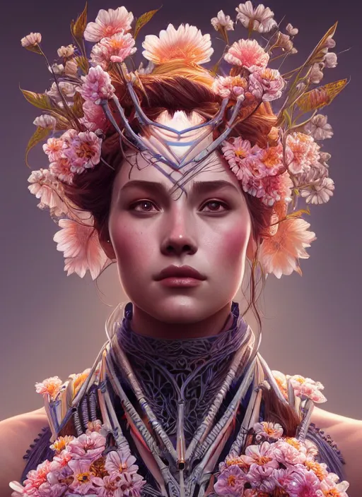 Image similar to symmetry!! portrait of floral! horizon zero dawn machine, intricate, elegant, highly detailed, digital painting, artstation, concept art, smooth, sharp focus, illustration, art by artgerm and greg rutkowski and alphonse mucha, 8 k