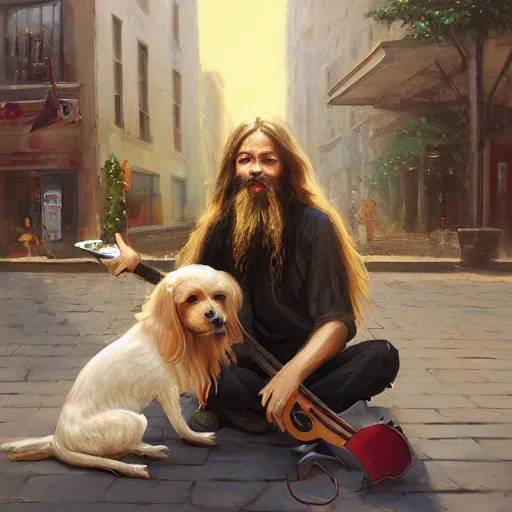 Image similar to oil painting of a young man with long hair blond and a beard hippie style with his golden retrever dog playing guitar in the square for money, people watching around, by greg rutkowski, artstation