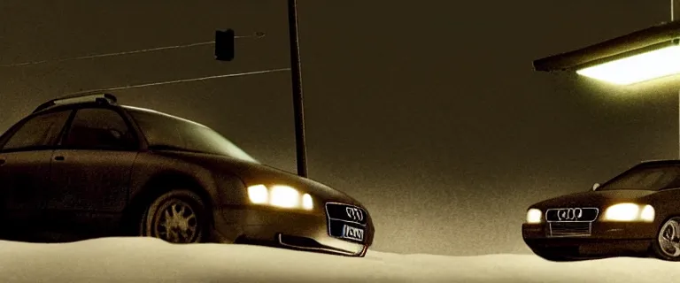 Image similar to Audi A4 B6 Avant (2002), a gritty neo-noir, dramatic lighting, cinematic, eerie person silhouette, death, homicide, homicide in the snow, gunshots, establishing shot, extremely high detail, photorealistic, cinematic lighting, artstation, by simon stalenhag, Max Payne (PC) (2001) winter new york at night, Max Payne 2 graphic novel style, flashing lights, Poets of the Fall - Late Goodbye