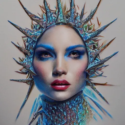 Prompt: colored pencil art on paper, frost queen, highly detailed, artstation, masterpiece, award - winning, caran d'ache luminance