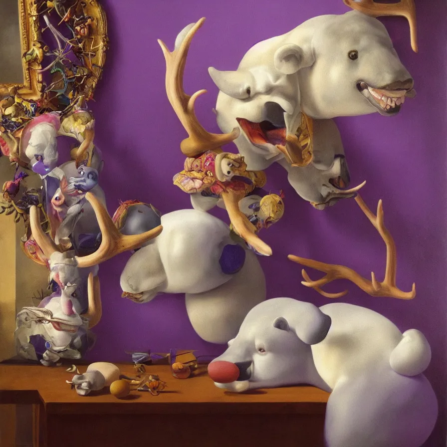 Prompt: rare hyper realistic painting by italian masters, symmetrical composition, studio lighting, dimly lit purple room, a blue rubber duck with antlers laughing at a giant laughing white bear with a clown mask