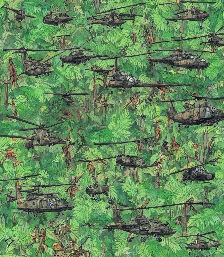 Prompt: forest scene vietnam jungle vietnam war huey helicopters in the style of a. a. milne