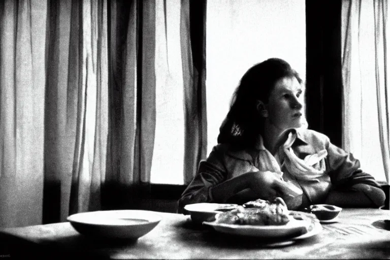 Image similar to soviet movie still a soviet woman sitting at a table next to the window with food, dark warm light, a character portrait by margarita terekhova, movie stalker solaris film still by andrei tarkovsky, 8 k, 1 9 8 4, close - up bokeh, gelios lens, color, noir