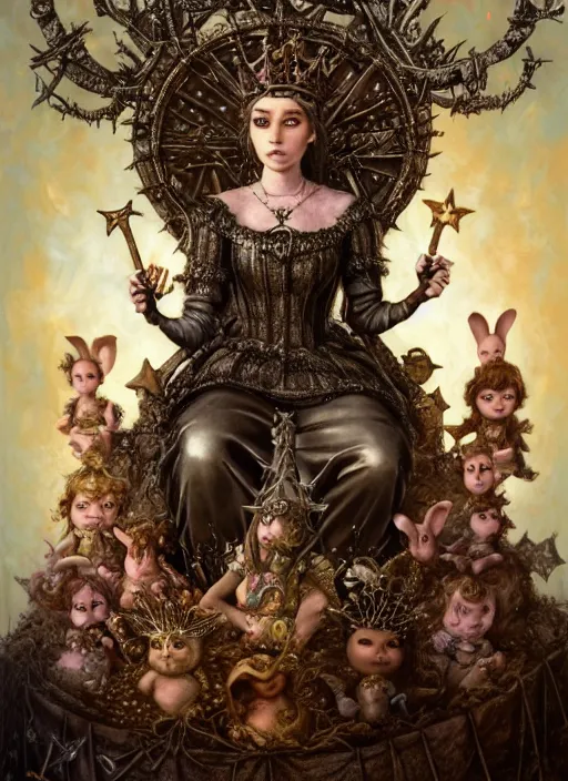 Image similar to highly detailed closeup portrait of a goth fairytale joan of arc wearing a crown and sitting on a throne, surrounded by cutr bunnies, unreal engine, nicoletta ceccoli, mark ryden, earl norem, lostfish, global illumination, god rays, detailed and intricate environment