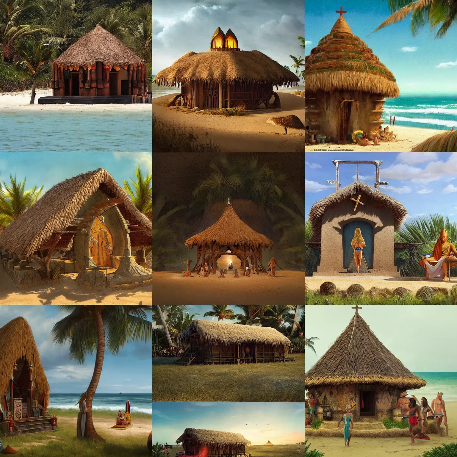 Prompt: a medieval temple modeled after a beach shack, where people who partake in a religion based around surfing worship. tiki aesthetics. in a field. by greg rutkowski