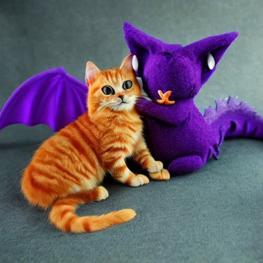 Image similar to tiny adorable purple fantasy dragon cuddles an orange tabby cat, realistic, orange tabby cuddles purple dragon, award - winning photography