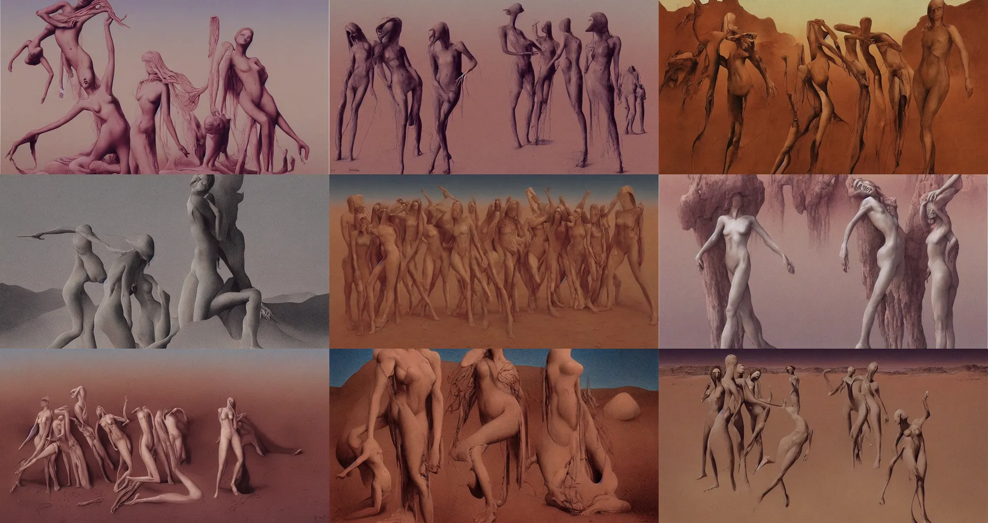 Prompt: photo in art deco style of female bodies in a desert wayne barlowe and beksinski